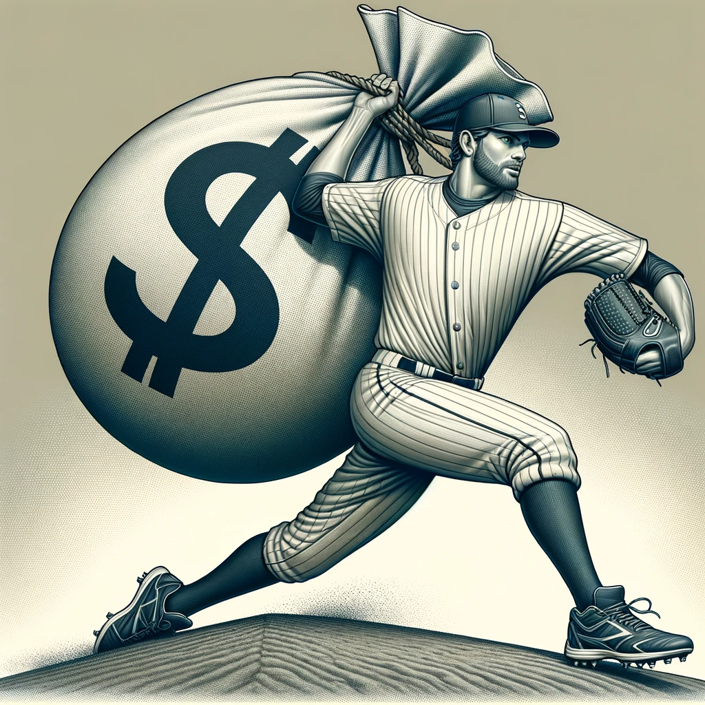 DALL·E 2023 12 28 15.26.39 A realistic illustration of a baseball pitcher in a dynamic pitching pose, holding a large bag of money in his glove hand. The pitcher is wearing a tr